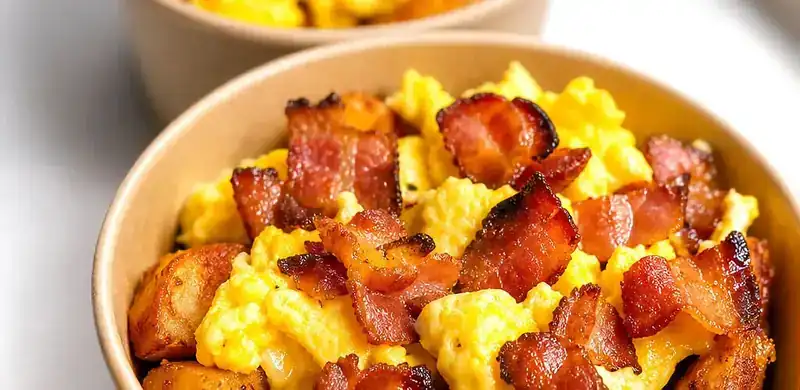 Wicked Fresh Cafe breakfast bowls with scrambled eggs, bacon, and home fries
