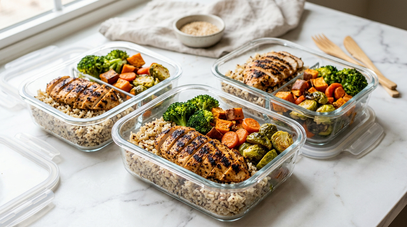 Wicked Fresh Cafe meal prep containers with grilled chicken, rice and roasted vegetables